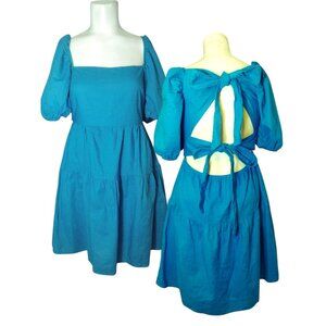 Hello Molly Best Weekend Linen Blend Dress 6 Blue Cut Out Party Puff Sleeve